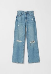 Ljusblå högmidjade jeans med vida ben och slitningar på båda knäna, femfickorsdesign och knappstängning.