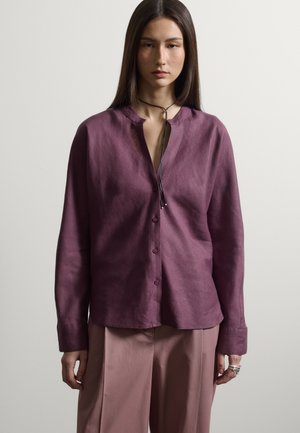 Mujer de cabello largo y oscuro que lleva una blusa morada abotonada y pantalones anchos de color malva, de pie contra un fondo claro y liso.