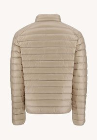 Giubbotto imbottito beige con motivo a quadri orizzontali. Collo leggermente rialzato e polsini elasticizzati. Texture liscia e lucida, design leggero.
