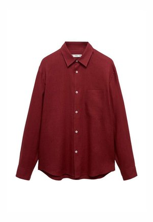 Burgundy long-sleeve shirt made of linen with a button-down collar, front pockets, and a curved hem; features white buttons.