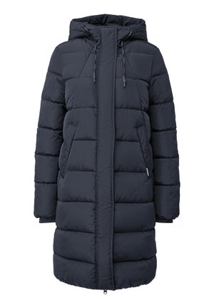 Lange marineblauwe gewatteerde winterjas met capuchon, ritssluiting aan de voorkant, trekkoorden en zijzakken, ontworpen voor koud weer.