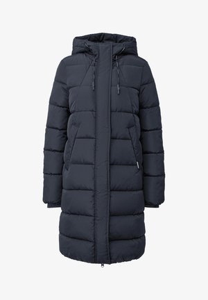 Lange marineblauwe gewatteerde winterjas met capuchon, ritssluiting aan de voorkant, trekkoorden en zijzakken, ontworpen voor koud weer.