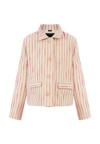Giacca a righe in crema con linee rosa, dotata di colletto, tasche frontali e bottoni tondi. Realizzata in tessuto testurizzato con una vestibilità strutturata.