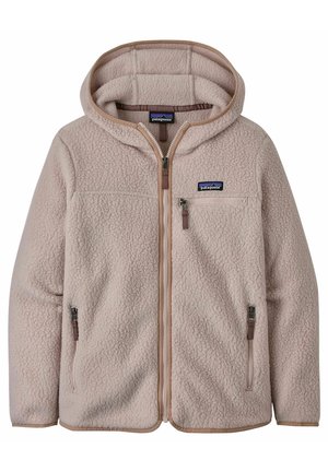 Chaqueta de forro polar beige claro con capucha, cremallera frontal completa, tres bolsillos con cremallera y logo de Patagonia en el pecho.
