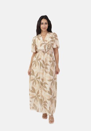 Blumen-Maxikleid in sanftem Cream mit V-Ausschnitt, kurzen Puffärmeln, elastischem Bund und hellbeigen sowie braunen Blattformen.