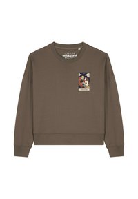 Brauner Langarmpullover mit einer kleinen Grafik im Tarotkarten-Stil, die ein Paar umarmt, und dem Text "DIE LIEBENDEN" auf der linken Brust.