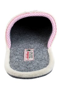 White fuzzy slipper with pink gingham lining, grey textured sole, and stitched label. Open-toe design emphasizes softness and comfort.