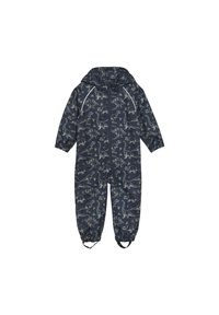 Marin vattentät overall i ett stycke med dinosauriemönster; har huva, elastiska ärmslut och fotremmar; slät yta och dragkedjestängning.