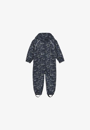 Marine waterdichte overall met dinosaurustint; voorzien van een capuchon, elastische manchetten en voetbanden; gladde textuur en ritssluiting.