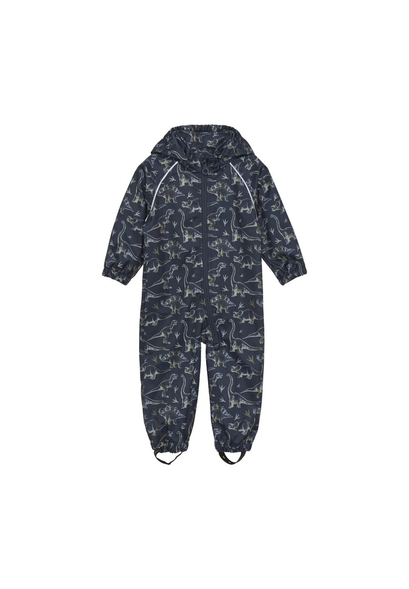 Marin vattentät overall i ett stycke med dinosauriemönster; har huva, elastiska ärmslut och fotremmar; slät yta och dragkedjestängning.