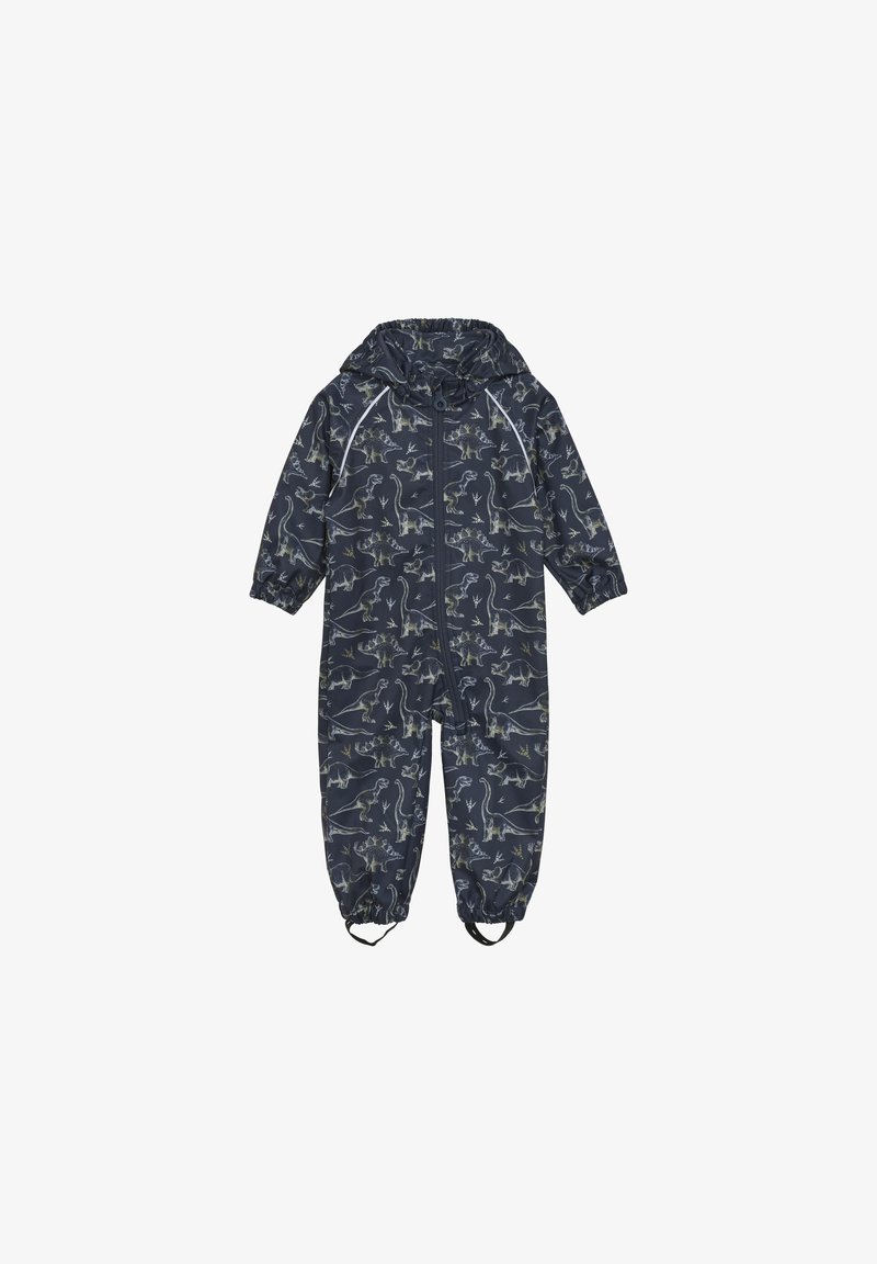 Marin vattentät overall i ett stycke med dinosauriemönster; har huva, elastiska ärmslut och fotremmar; slät yta och dragkedjestängning.