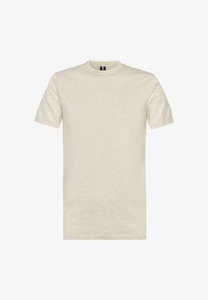 Maglietta beige a maniche corte con scollo rotondo, dal design semplice senza loghi o motivi visibili.