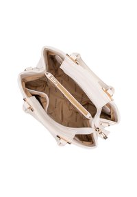 Borsa in pelle bianca con un ampio interno, caratterizzata da hardware dorato, compartimenti con zip e una texture liscia.