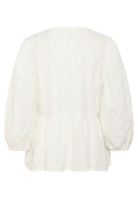 Blusa bianca con motivo floreale testurizzato, maniche lunghe a sbuffo, vita arricciata e scollatura rotonda, vista posteriore.