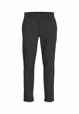 Sötétszürke, kockás nadrág, slim fit szabással, gombos záródással és feltekert szárakkal, texturált anyagból készült.