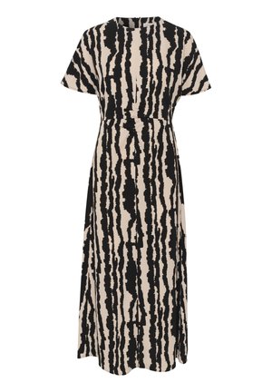 Maksidress ar beiga un melna svītru rakstu, ar īsām piedurknēm, apaļu kakla izgriezumu un savilktiem elementiem jostas vietā.