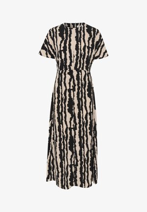 Beige maxi-mekko, jossa rohkea musta raidallinen kuvio. Ominaisuuksiin kuuluu lyhyet hihat, pyöreä pääntie ja kerätty vyötärön yksityiskohta. Sileä kangas.