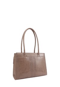 Bruine crocodillen-embossed leren tote bag met twee handvatten, rechthoekige vorm, een gladde textuur en subtiele stiksels aan de randen.