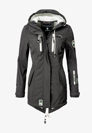 Black, waterproof jacket with a hood, white accents, multiple zippered pockets, adjustable drawstring at the hem, and logo patches on sleeves.