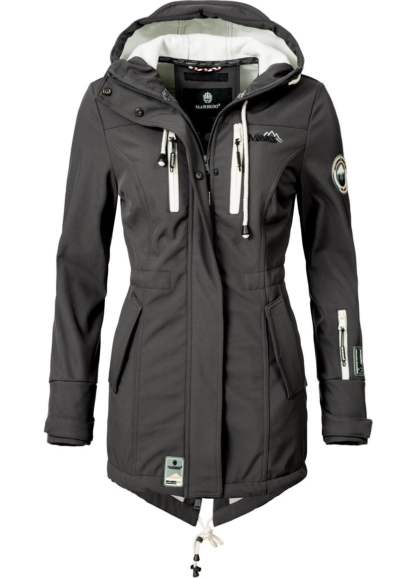 Black, waterproof jacket with a hood, white accents, multiple zippered pockets, adjustable drawstring at the hem, and logo patches on sleeves.