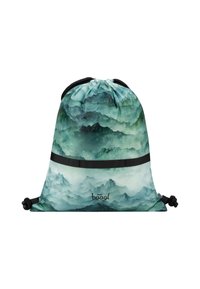 Zaino con cordino caratterizzato da un motivo paesaggistico montano verde, con spallacci neri e un logo sottile nella parte inferiore.