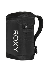 Zwarte Roxy rugzak met een rechthoekige vorm, voorzien van een rits bovenaan, verstelbare schouderbanden en een prominent wit logo aan de voorkant.
