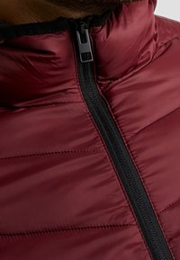 Burgundská prošívaná bunda s vysokým límcem, černým zipem a prošívaným designem se horizontálním švem a hladkou texturou.