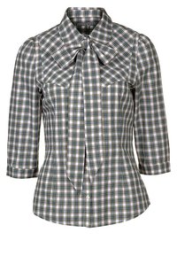 Blusa a quadretti aderente con maniche a tre quarti, colletto a punta e fiocco al collo nei toni di verde, bianco e viola.