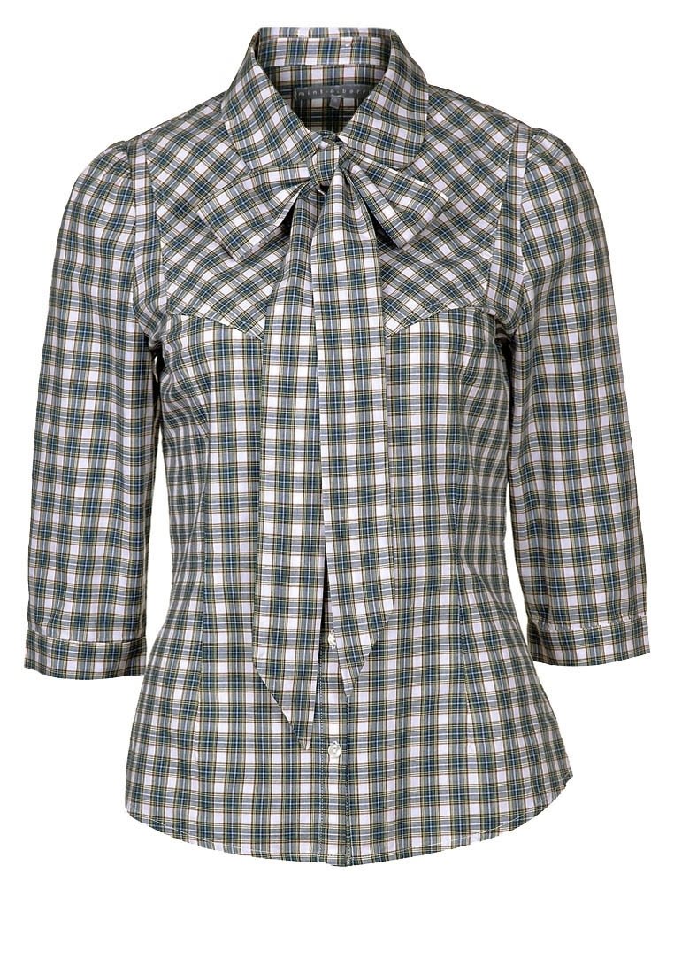 Blusa a quadretti aderente con maniche a tre quarti, colletto a punta e fiocco al collo nei toni di verde, bianco e viola.