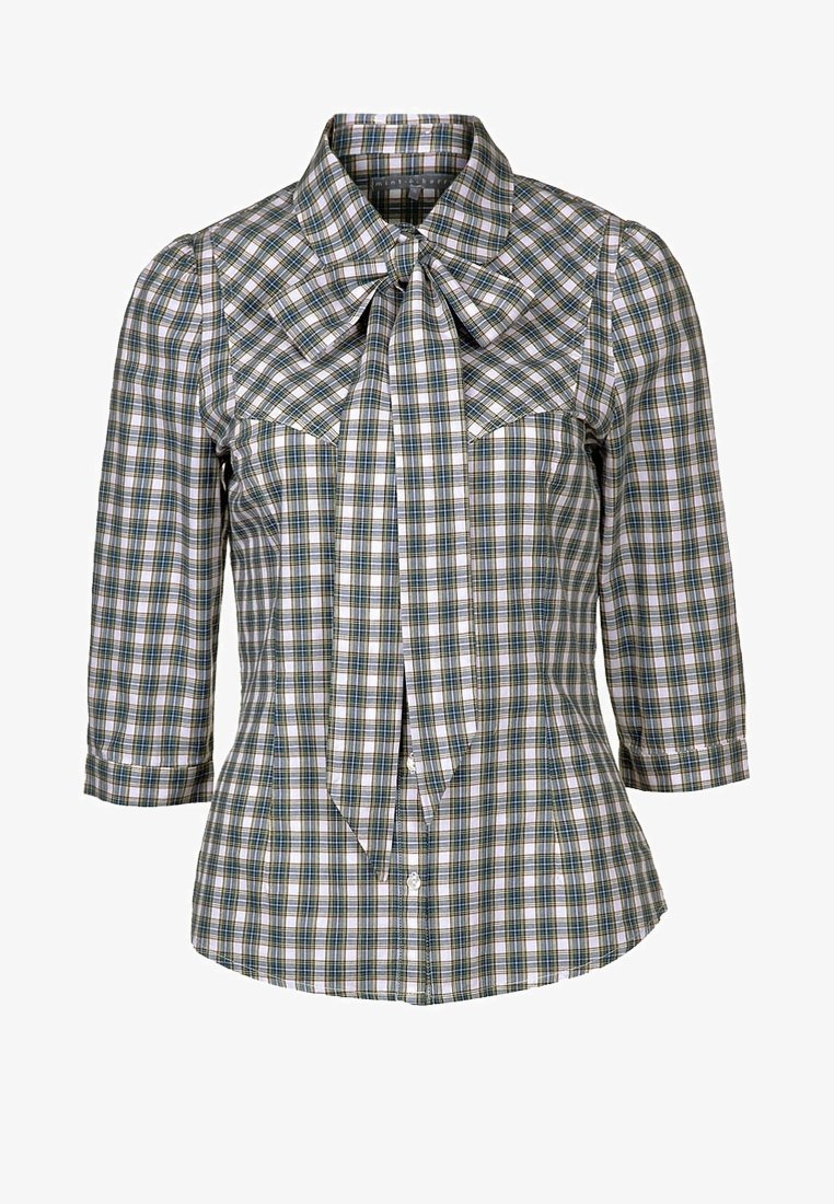 Blusa a quadretti aderente con maniche a tre quarti, colletto a punta e fiocco al collo nei toni di verde, bianco e viola.