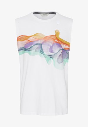 Valge puuvillane ilma varrukateta T-särk, mille esiküljel on abstraktne disain oranžide, lillakate ja teal siniste lainetena.