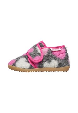 Pantofole grigie con macchie rosa e bianche, dotate di una fascia in tessuto rosa, texture morbida e suola in gomma flessibile.