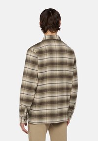 Bruine en crèmekleurige geblokte blouse met lange mouwen en knoopmanchetten, gemaakt van een zachte stof. Heeft een klassieke kraag en een rugpaneel detail.
