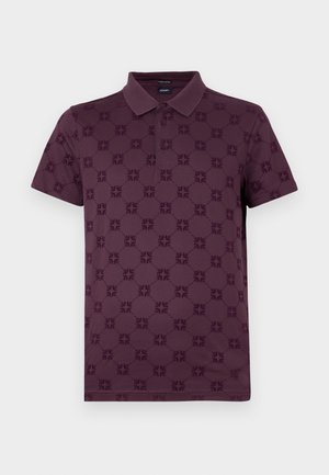 Burgundy polo shirt with a textured pattern of circular motifs, a classic collar, and two-button placket; short sleeves.