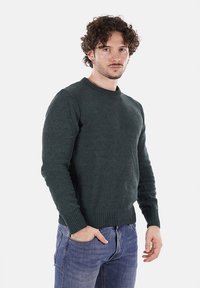 Maglione lavorato a maglia verde scuro con scollatura tonda e polsini a coste, abbinato a jeans blu. Il tessuto appare strutturato e caldo.