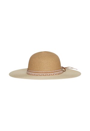Wide-brimmed straw sun hat with a rounded tan crown and a beige brim, featuring a decorative band with white and brown patterns.