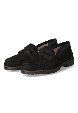 Schwarze Slipper aus Wildleder mit gesticktem Design, die zwei dekorative Riemen über dem Obermaterial verfügen und eine braune Gummisohle haben.