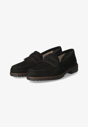 Black loafers made of suede with a stitched design, featuring two decorative straps across the upper and a brown rubber sole.