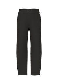 Schwarze Hosen mit geradem Schnitt, mit Knopfverschluss, zwei Seitentaschen und verstellbaren Bündchen für einen sicheren Sitz. Glatte Textur.