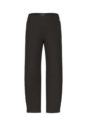 Black trousers with a straight cut, featuring a button closure, two side pockets, and adjustable cuffs for a secure fit. Smooth texture.