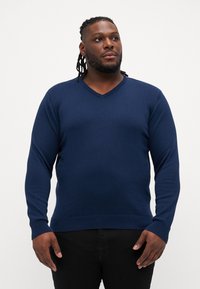 Maglione blu navy a collo a V con maniche lunghe, realizzato in un tessuto a maglia liscia. Presenta polsini e orlo a costine, che offrono un look aderente.