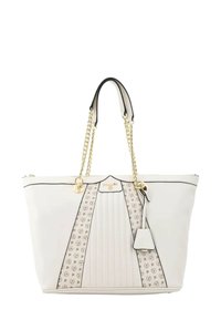 Borsa a tote in pelle bianca con manici a catena dorata, pannello centrale a motivo e rifiniture nere. Caratterizzata da una placca con logo e un'etichetta rimovibile.