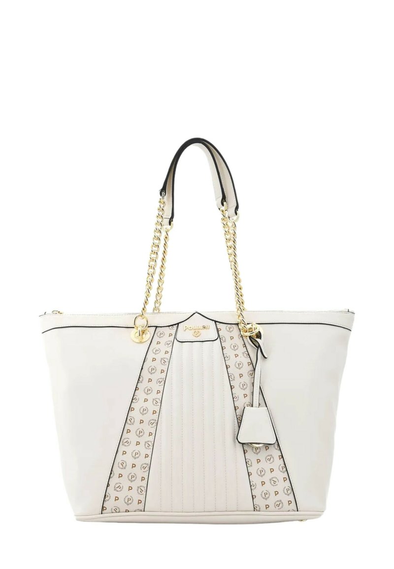 Borsa a tote in pelle bianca con manici a catena dorata, pannello centrale a motivo e rifiniture nere. Caratterizzata da una placca con logo e un'etichetta rimovibile.