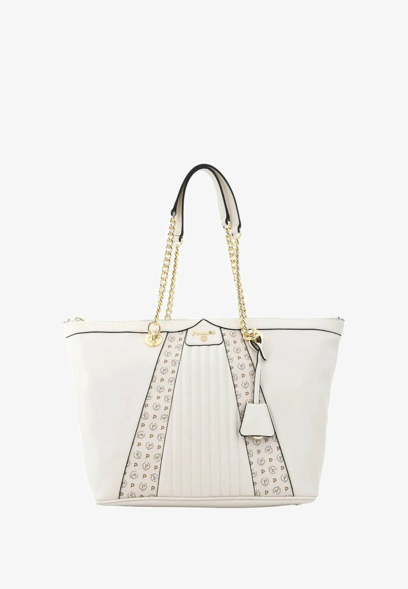 Borsa a tote in pelle bianca con manici a catena dorata, pannello centrale a motivo e rifiniture nere. Caratterizzata da una placca con logo e un'etichetta rimovibile.