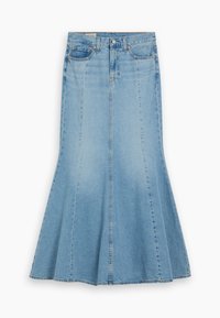 Jupe en jean bleu clair, coupe trapèze, avec un bas évasé, des poches avant et des détails de couture subtils le long des coutures.