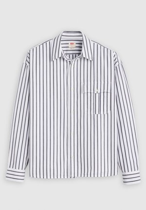 White long-sleeve shirt with navy vertical stripes, button-down collar, single chest pocket, and striped cuffs. Cotton material, classic fit.