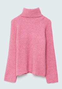 Pull à col roulé rose côtelé avec manches longues et coupe décontractée, doté d'un col montant et d'une texture douce.