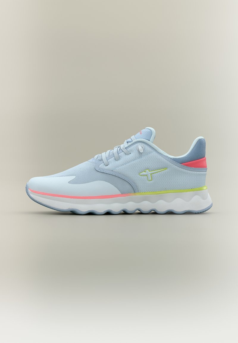 Light blue athletic shoe with white, pink, and yellow accents, lace-up design, and textured sole against plain background.