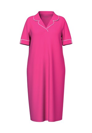 Pink dress with a collar, short sleeves, and white piping. Made of smooth fabric, featuring a loose, relaxed fit and knee-length design.
