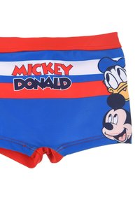 Blue swim shorts with red accents, featuring cartoon prints of Mickey Mouse and Donald Duck. Made of stretchy material with elastic waistband.
